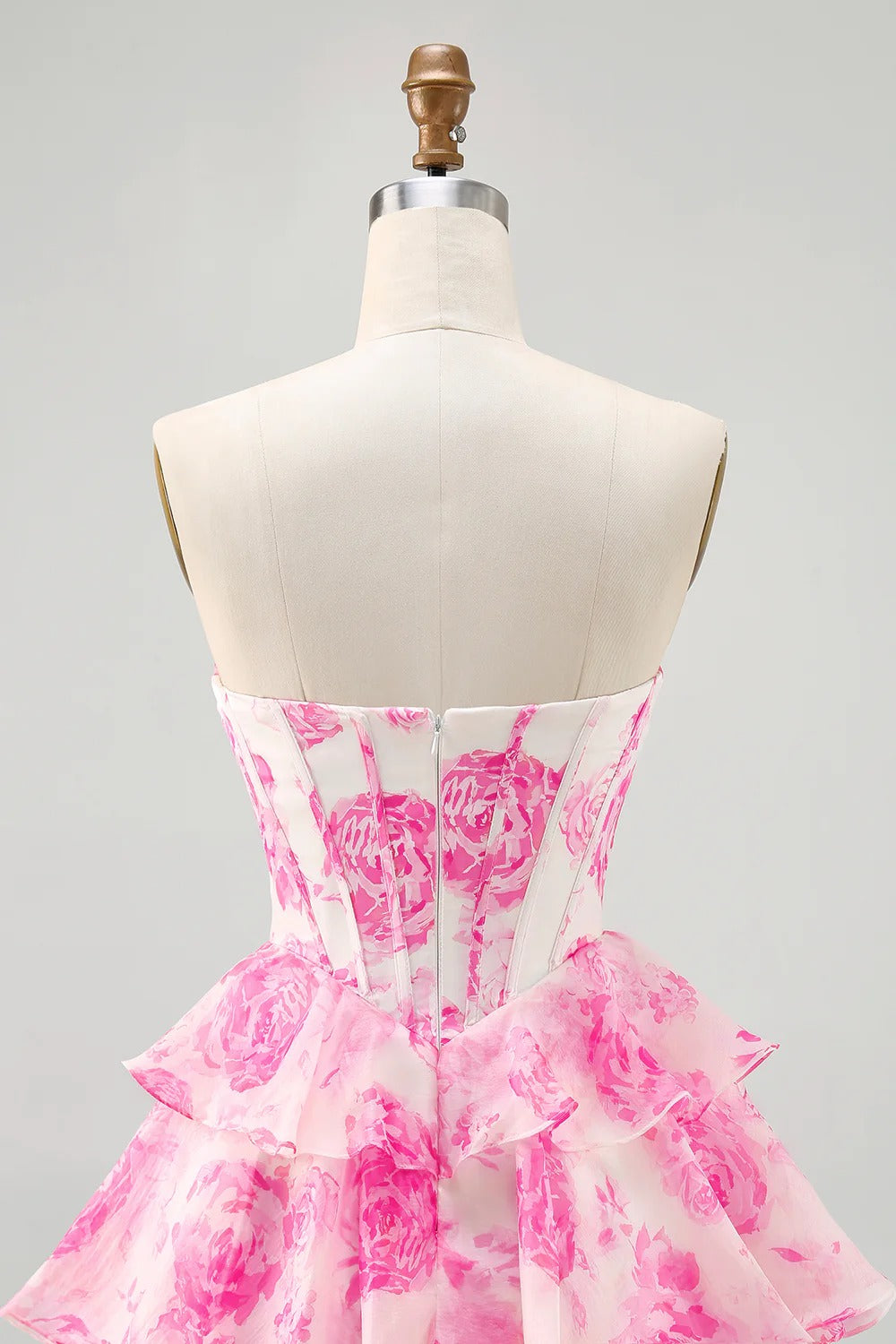 HEULORIA Enchanting Floral Print Strapless Tiered Ruffle Mini Dress - Corset Bodice with Crystal Brooch ED-291