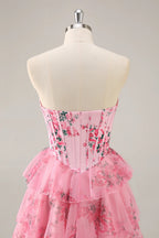HEULORIA Strapless Sweetheart Floral Corset Mini Dress with Tiered Ruffle Skirt ED-280