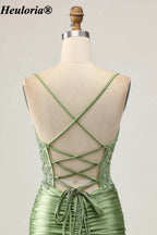 HEULORIA Sage Green Beaded Lace Corset Satin Mini Homecoming Dress with Lace-Up Back ED-304