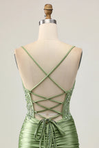 HEULORIA Sage Green Sequin Lace Corset Homecoming Dress - Ruched Satin Spaghetti Strap Mini Gown ED-304
