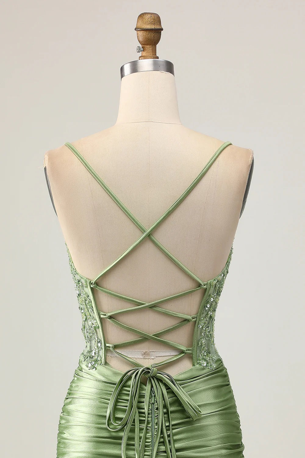HEULORIA Sage Green Sequin Lace Corset Homecoming Dress - Ruched Satin Spaghetti Strap Mini Gown ED-304