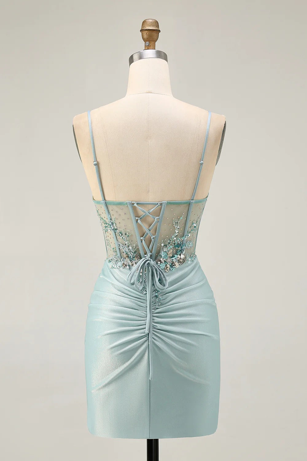 HEULORIA Sparkly Sequin Corset Mini Dress - Sheer Boning Ruched Bodycon Cocktail Gown ED-302