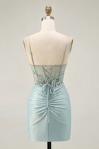 HEULORIA Sparkly Sequin Corset Mini Dress - Sheer Boning Ruched Bodycon Cocktail Gown ED-302