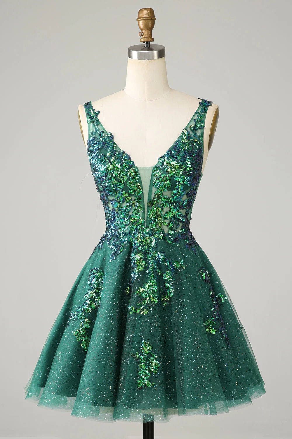 HEULORIA Sparkling V-Neck Sequined Lace Homecoming Dress - Sleeveless A-Line Short Party Gown ED-281
