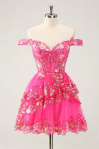 HEULORIA Champagne Off-the-Shoulder Sequin Tiered Mini Dress - Corset Bodice Party & Homecoming Dress ED-277