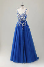 HEULORIA Enchanting 3D Floral Applique V-Neck Tulle A-Line Prom Dress - Corset Back Formal Gown ED-341