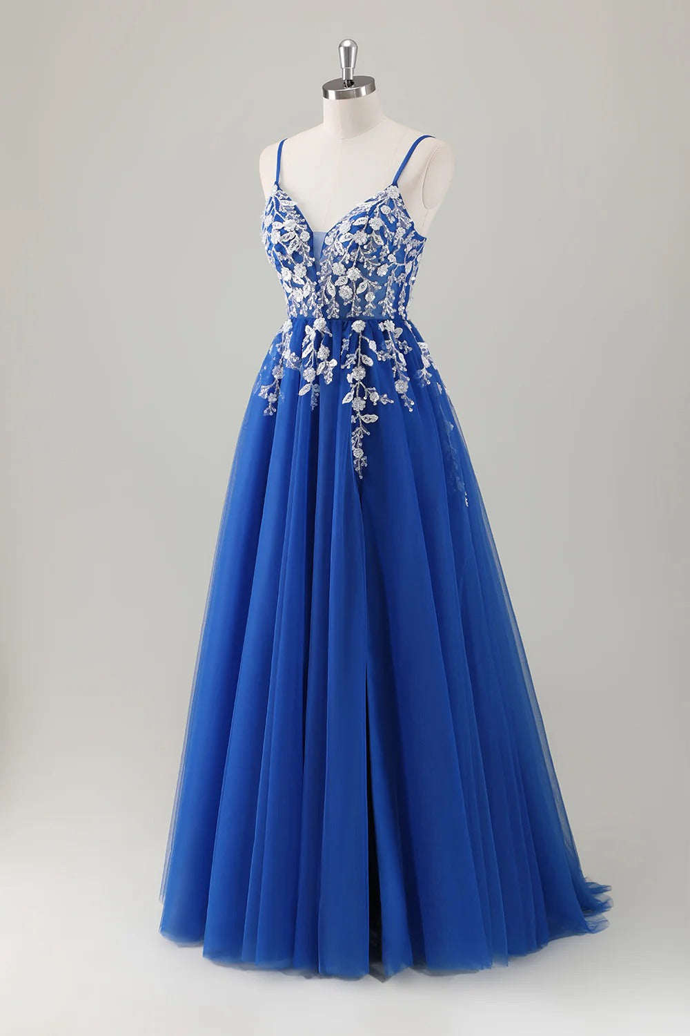 HEULORIA Enchanting 3D Floral Applique V-Neck Tulle A-Line Prom Dress - Corset Back Formal Gown ED-341