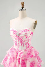 HEULORIA Enchanting Floral Print Strapless Tiered Ruffle Mini Dress - Corset Bodice with Crystal Brooch ED-291