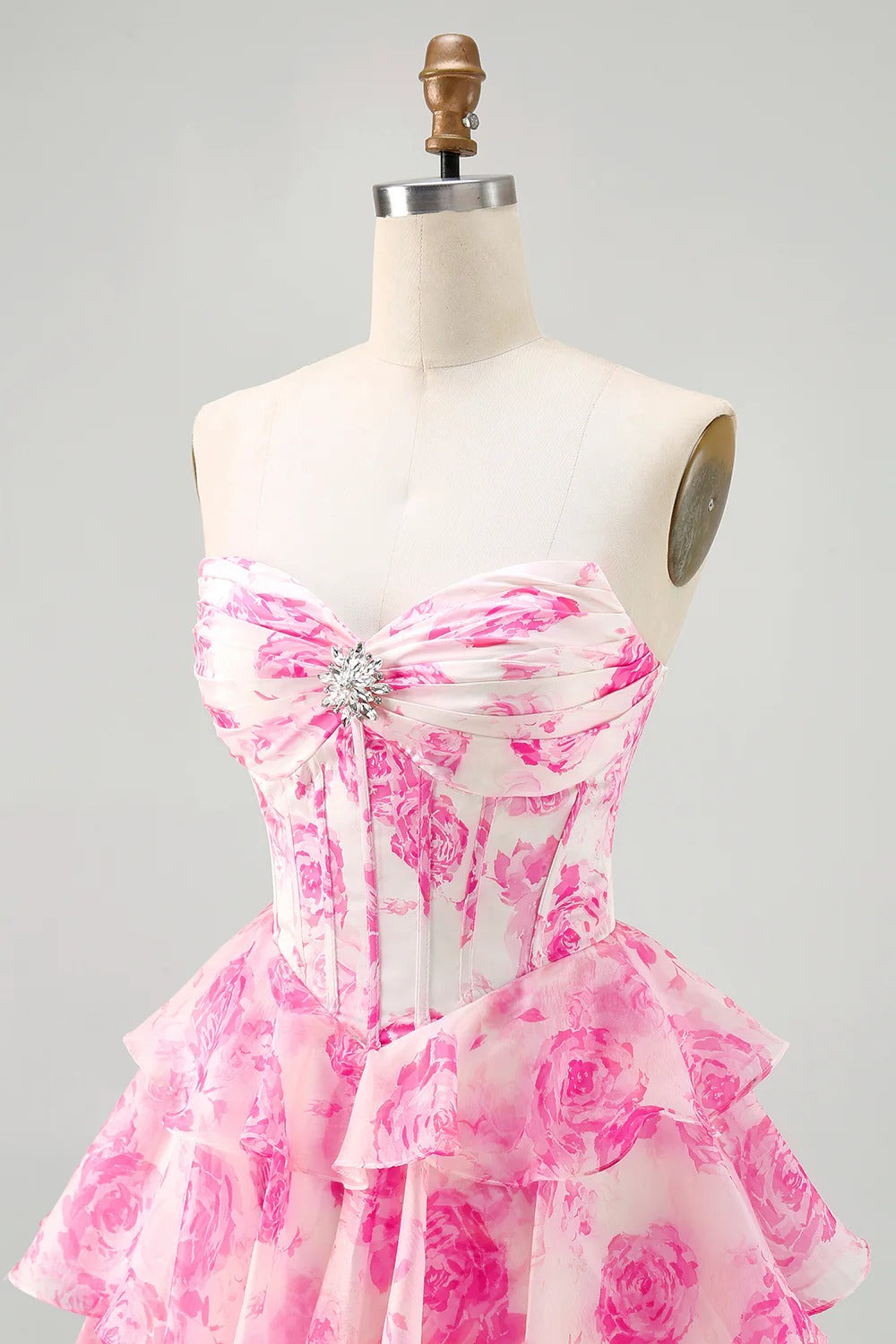 HEULORIA Enchanting Floral Print Strapless Tiered Ruffle Mini Dress - Corset Bodice with Crystal Brooch ED-291