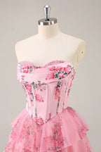 HEULORIA Strapless Sweetheart Floral Corset Mini Dress with Tiered Ruffle Skirt ED-280