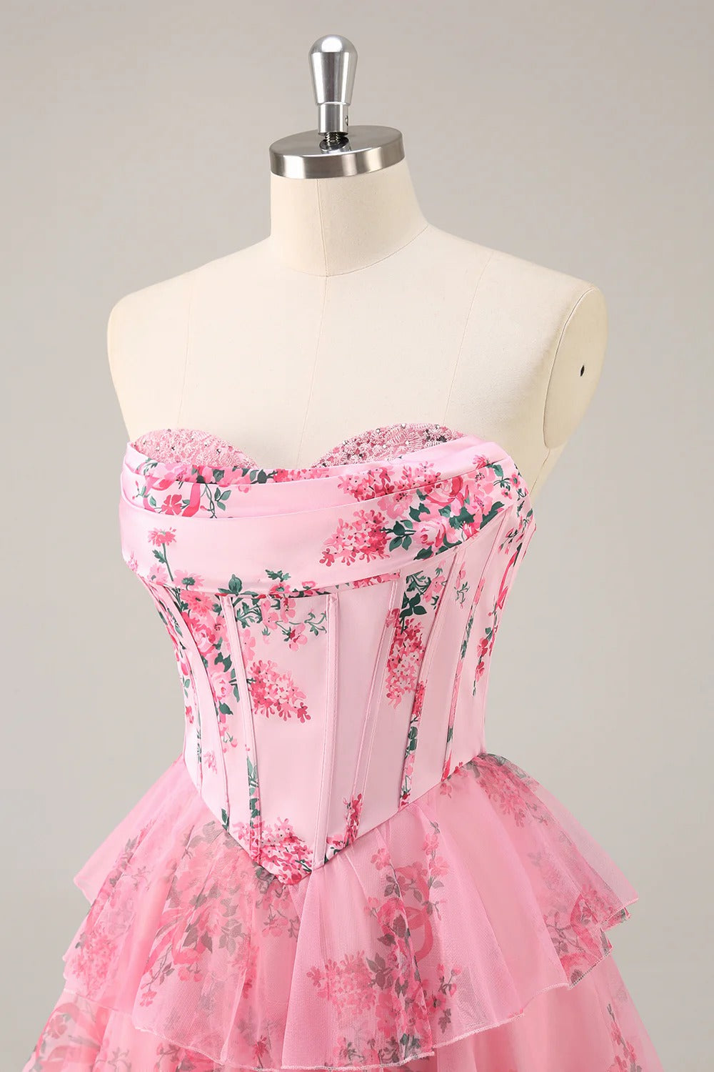 HEULORIA Strapless Sweetheart Floral Corset Mini Dress with Tiered Ruffle Skirt ED-280