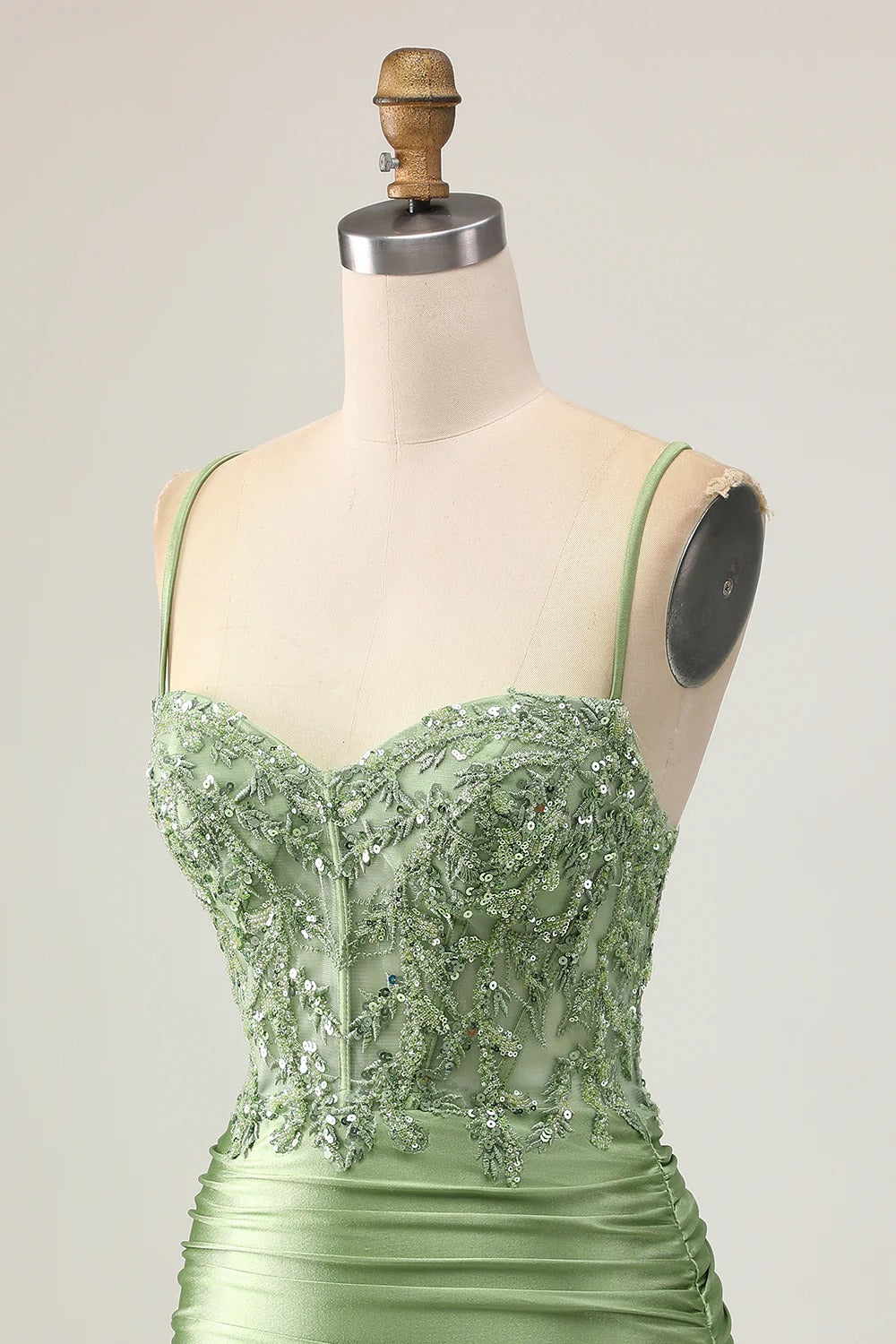 HEULORIA Sage Green Sequin Lace Corset Homecoming Dress - Ruched Satin Spaghetti Strap Mini Gown ED-304