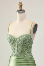 HEULORIA Sage Green Sequin Lace Corset Homecoming Dress - Ruched Satin Spaghetti Strap Mini Gown ED-304