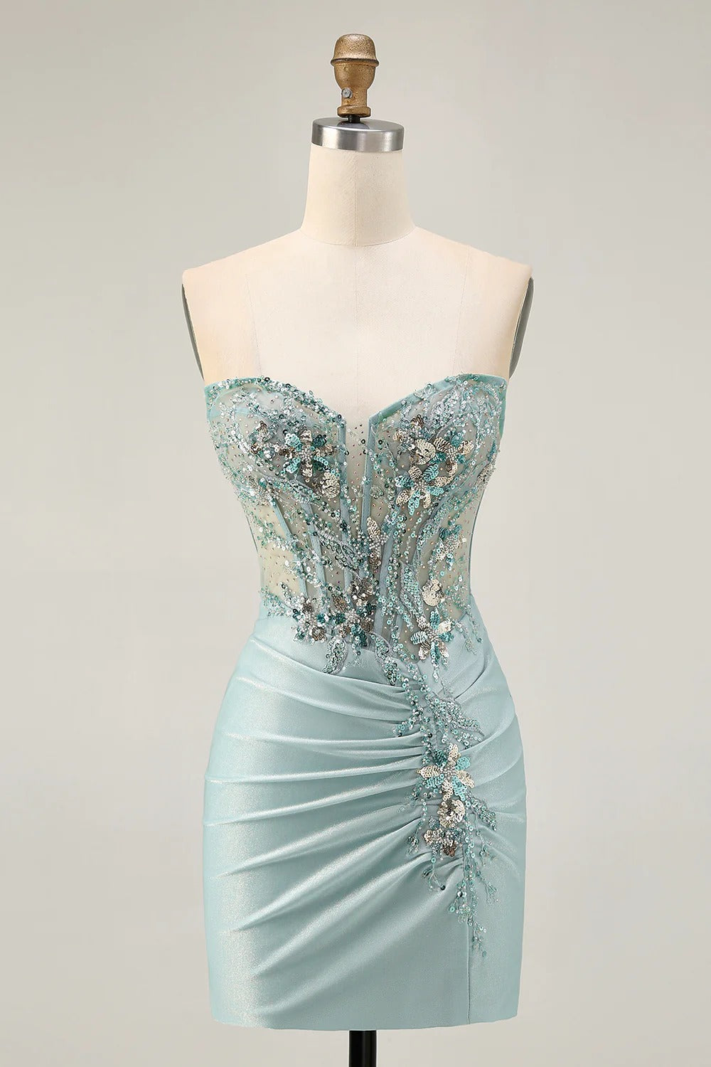 HEULORIA Sparkly Sequin Corset Mini Dress - Sheer Boning Ruched Bodycon Cocktail Gown ED-302