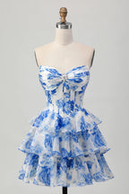 HEULORIA Enchanting Floral Print Strapless Tiered Ruffle Mini Dress - Corset Bodice with Crystal Brooch ED-291