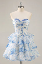 HEULORIA Strapless Sweetheart Floral Corset Mini Dress with Tiered Ruffle Skirt ED-280