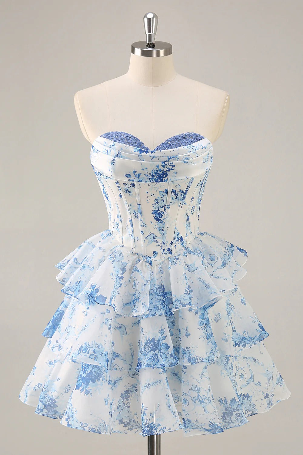 HEULORIA Strapless Sweetheart Floral Corset Mini Dress with Tiered Ruffle Skirt ED-280