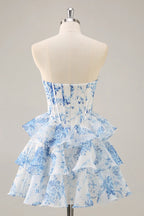 HEULORIA Strapless Sweetheart Floral Corset Mini Dress with Tiered Ruffle Skirt ED-280