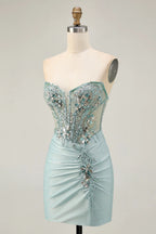 HEULORIA Sparkly Sequin Corset Mini Dress - Sheer Boning Ruched Bodycon Cocktail Gown ED-302