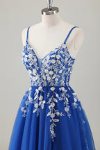 HEULORIA Enchanting 3D Floral Applique V-Neck Tulle A-Line Prom Dress - Corset Back Formal Gown ED-341