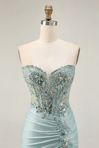 HEULORIA Sage Green Sequin Lace Corset Homecoming Dress - Ruched Satin Spaghetti Strap Mini Gown ED-304
