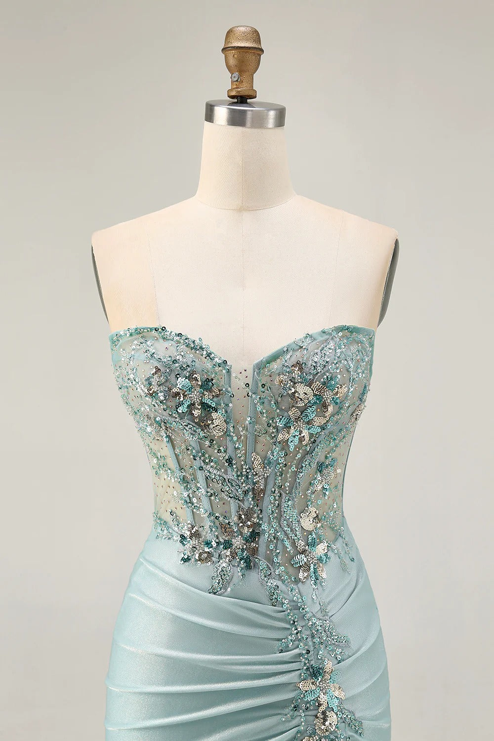 HEULORIA Sage Green Sequin Lace Corset Homecoming Dress - Ruched Satin Spaghetti Strap Mini Gown ED-304
