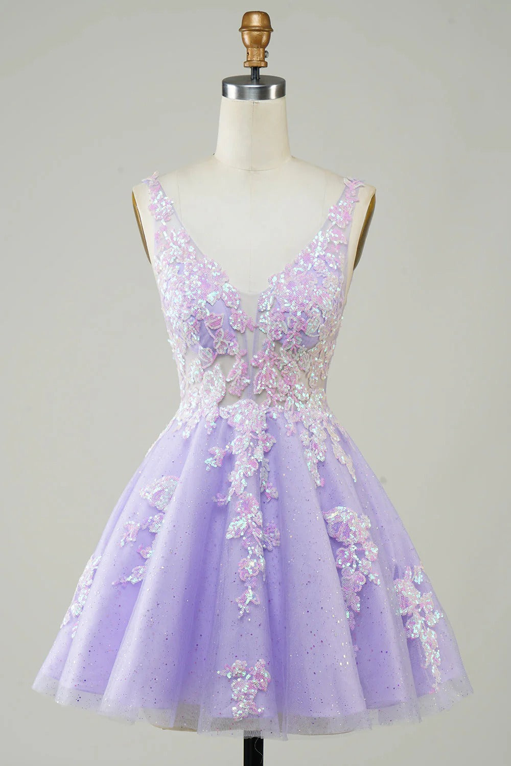 HEULORIA Sparkling V-Neck Sequined Lace Homecoming Dress - Sleeveless A-Line Short Party Gown ED-281