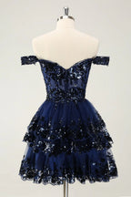 HEULORIA Champagne Off-the-Shoulder Sequin Tiered Mini Dress - Corset Bodice Party & Homecoming Dress ED-277