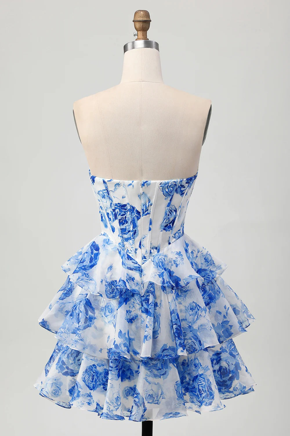 HEULORIA Enchanting Floral Print Strapless Tiered Ruffle Mini Dress - Corset Bodice with Crystal Brooch ED-291