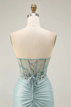 HEULORIA Sparkly Sequin Corset Mini Dress - Sheer Boning Ruched Bodycon Cocktail Gown ED-302