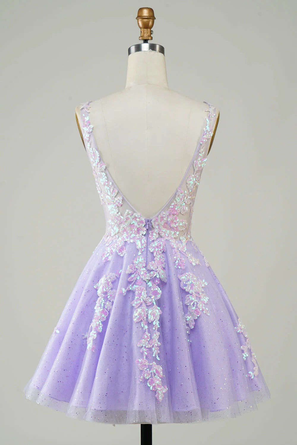 HEULORIA Sparkling V-Neck Sequined Lace Homecoming Dress - Sleeveless A-Line Short Party Gown ED-281