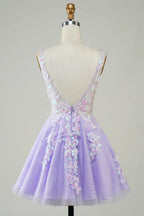 HEULORIA Sparkling V-Neck Sequined Lace Homecoming Dress - Sleeveless A-Line Short Party Gown ED-281