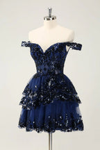 HEULORIA Champagne Off-the-Shoulder Sequin Tiered Mini Dress - Corset Bodice Party & Homecoming Dress ED-277