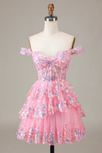HEULORIA Champagne Off-the-Shoulder Sequin Tiered Mini Dress - Corset Bodice Party & Homecoming Dress ED-277