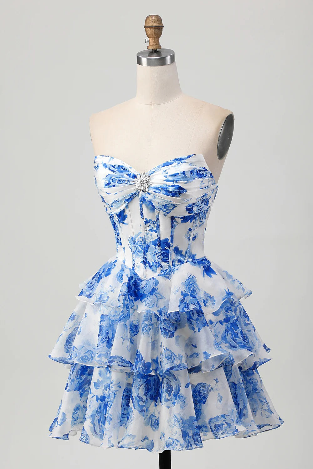 HEULORIA Enchanting Floral Print Strapless Tiered Ruffle Mini Dress - Corset Bodice with Crystal Brooch ED-291