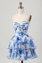 HEULORIA Enchanting Floral Print Strapless Tiered Ruffle Mini Dress - Corset Bodice with Crystal Brooch ED-291