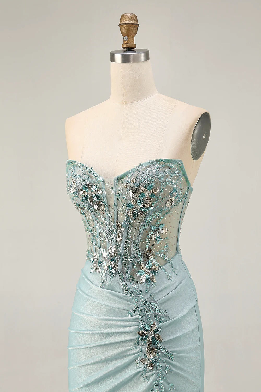 HEULORIA Sage Green Sequin Lace Corset Homecoming Dress - Ruched Satin Spaghetti Strap Mini Gown ED-304