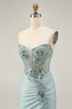 HEULORIA Sage Green Sequin Lace Corset Homecoming Dress - Ruched Satin Spaghetti Strap Mini Gown ED-304