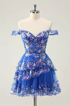 HEULORIA Champagne Off-the-Shoulder Sequin Tiered Mini Dress - Corset Bodice Party & Homecoming Dress ED-277