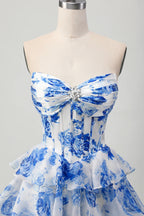HEULORIA Enchanting Floral Print Strapless Tiered Ruffle Mini Dress - Corset Bodice with Crystal Brooch ED-291