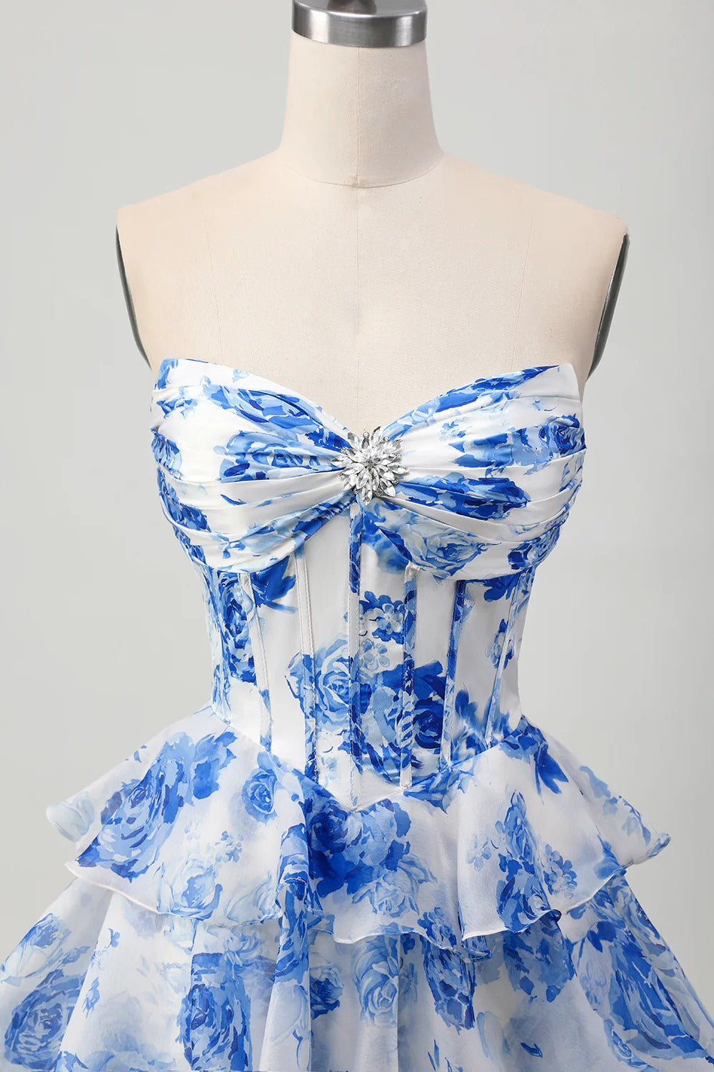 HEULORIA Enchanting Floral Print Strapless Tiered Ruffle Mini Dress - Corset Bodice with Crystal Brooch ED-291