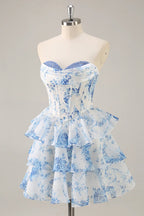HEULORIA Strapless Sweetheart Floral Corset Mini Dress with Tiered Ruffle Skirt ED-280