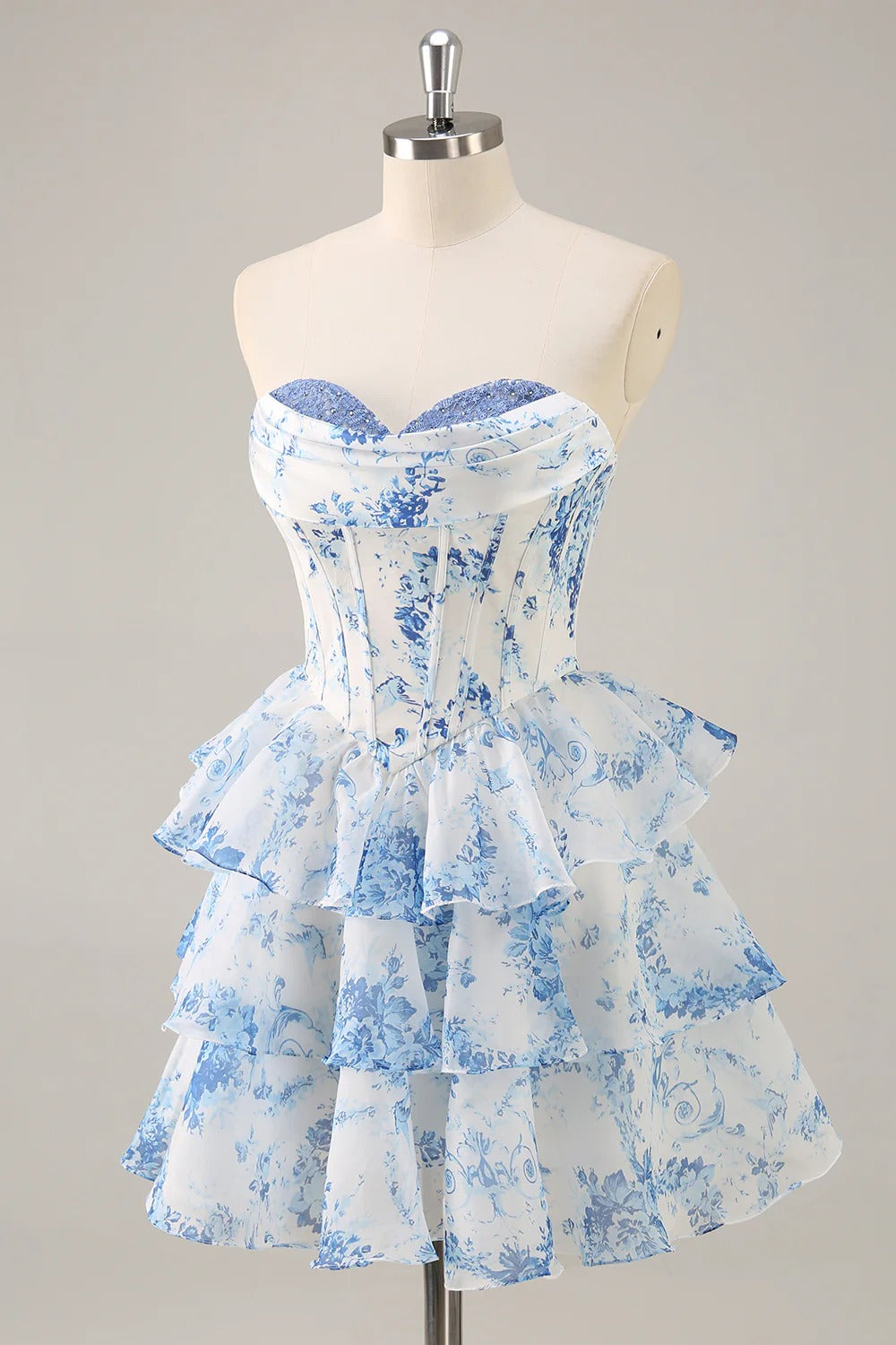 HEULORIA Strapless Sweetheart Floral Corset Mini Dress with Tiered Ruffle Skirt ED-280