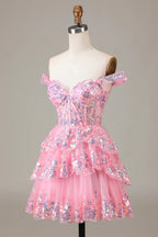 HEULORIA Champagne Off-the-Shoulder Sequin Tiered Mini Dress - Corset Bodice Party & Homecoming Dress ED-277