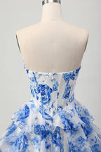 HEULORIA Enchanting Floral Print Strapless Tiered Ruffle Mini Dress - Corset Bodice with Crystal Brooch ED-291