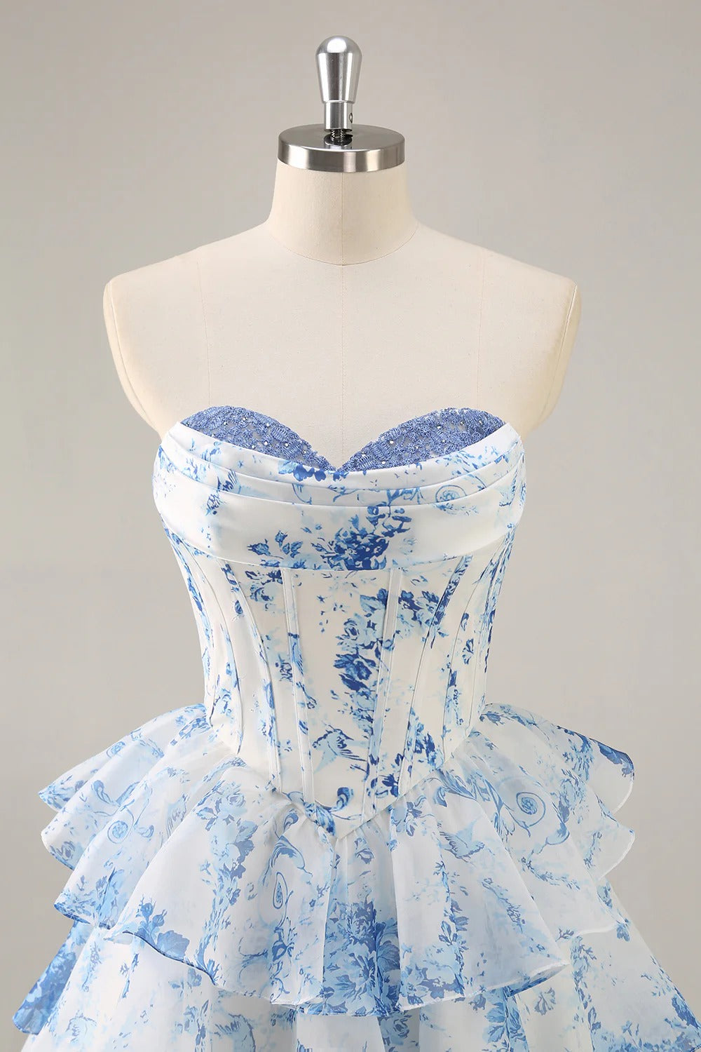 HEULORIA Strapless Sweetheart Floral Corset Mini Dress with Tiered Ruffle Skirt ED-280