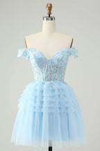 HEULORIA Blush A Line Off The Shoulder Corset Short Tulle Homecoming Dress ED-326