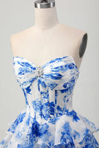HEULORIA Enchanting Floral Print Strapless Tiered Ruffle Mini Dress - Corset Bodice with Crystal Brooch ED-291