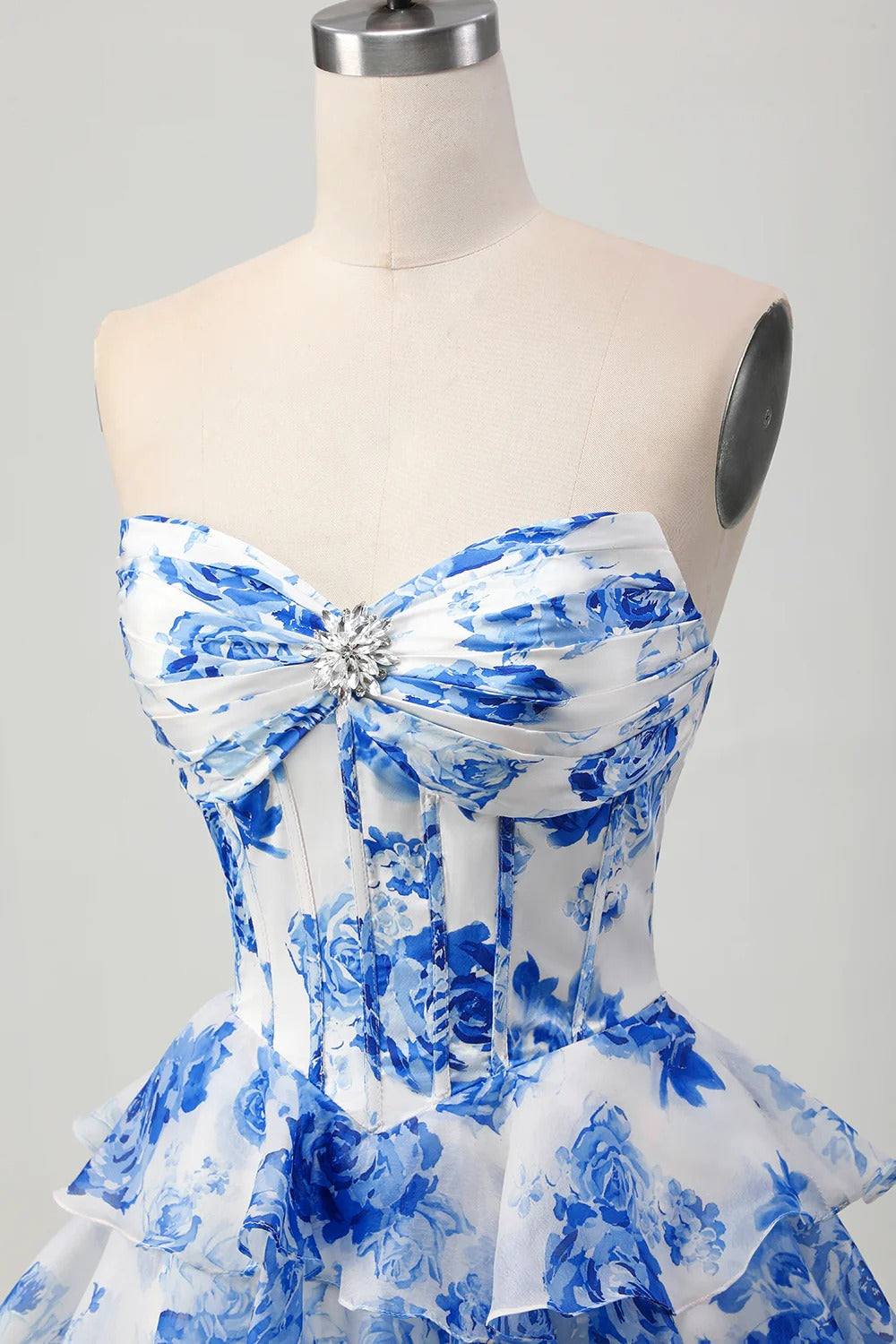 HEULORIA Enchanting Floral Print Strapless Tiered Ruffle Mini Dress - Corset Bodice with Crystal Brooch ED-291