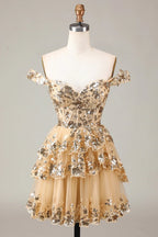 HEULORIA Champagne Off-the-Shoulder Sequin Tiered Mini Dress - Corset Bodice Party & Homecoming Dress ED-277